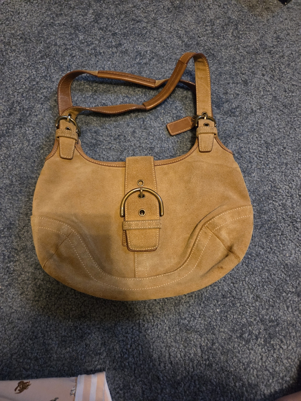 Tan Suede Shoulder Bag with Buckle Trim